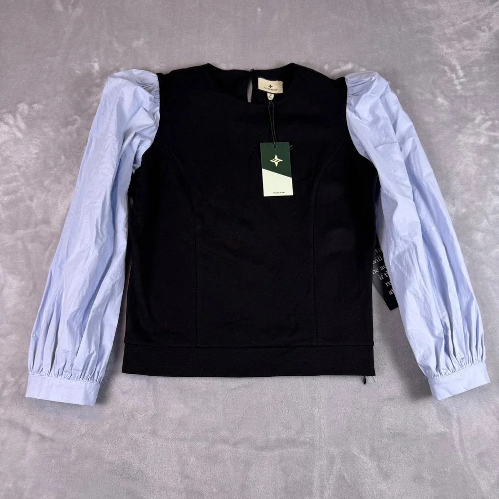 Tuckernuck Black Knit Light Blue Poplin Puff Sleeve Top Y24155T Womens‎ M NEW